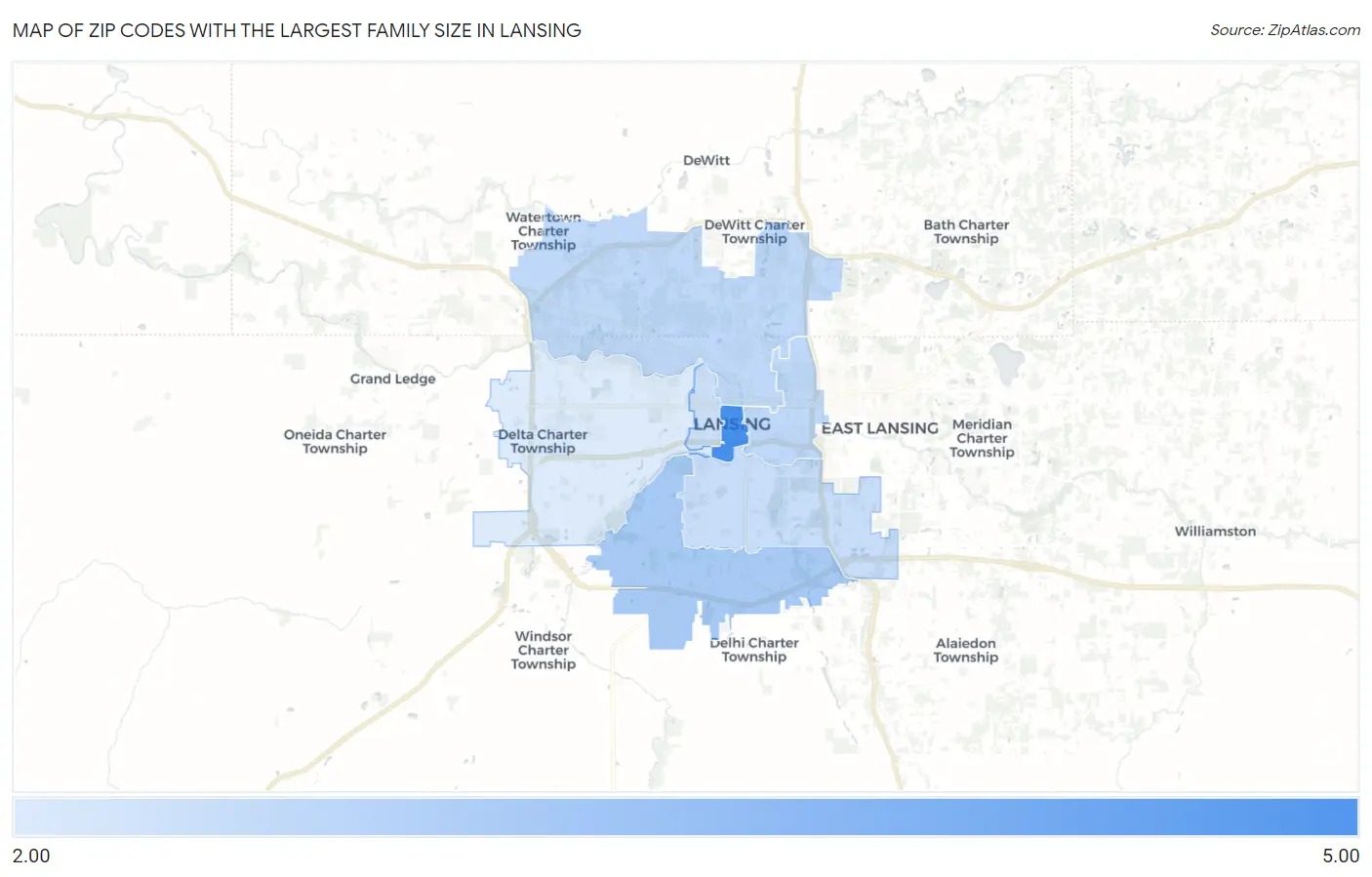 Zip Codes with the Largest Family Size in Lansing Map