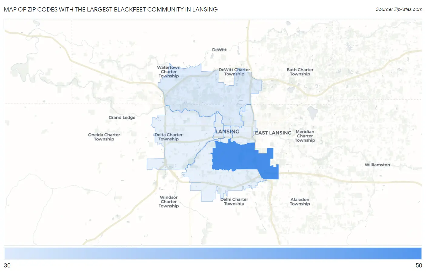 Zip Codes with the Largest Blackfeet Community in Lansing Map