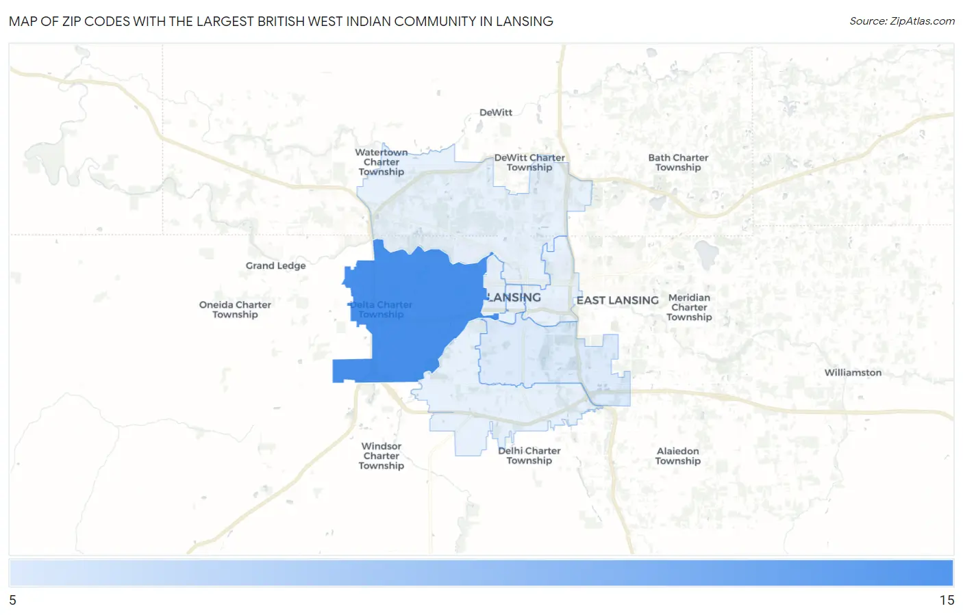Zip Codes with the Largest British West Indian Community in Lansing Map
