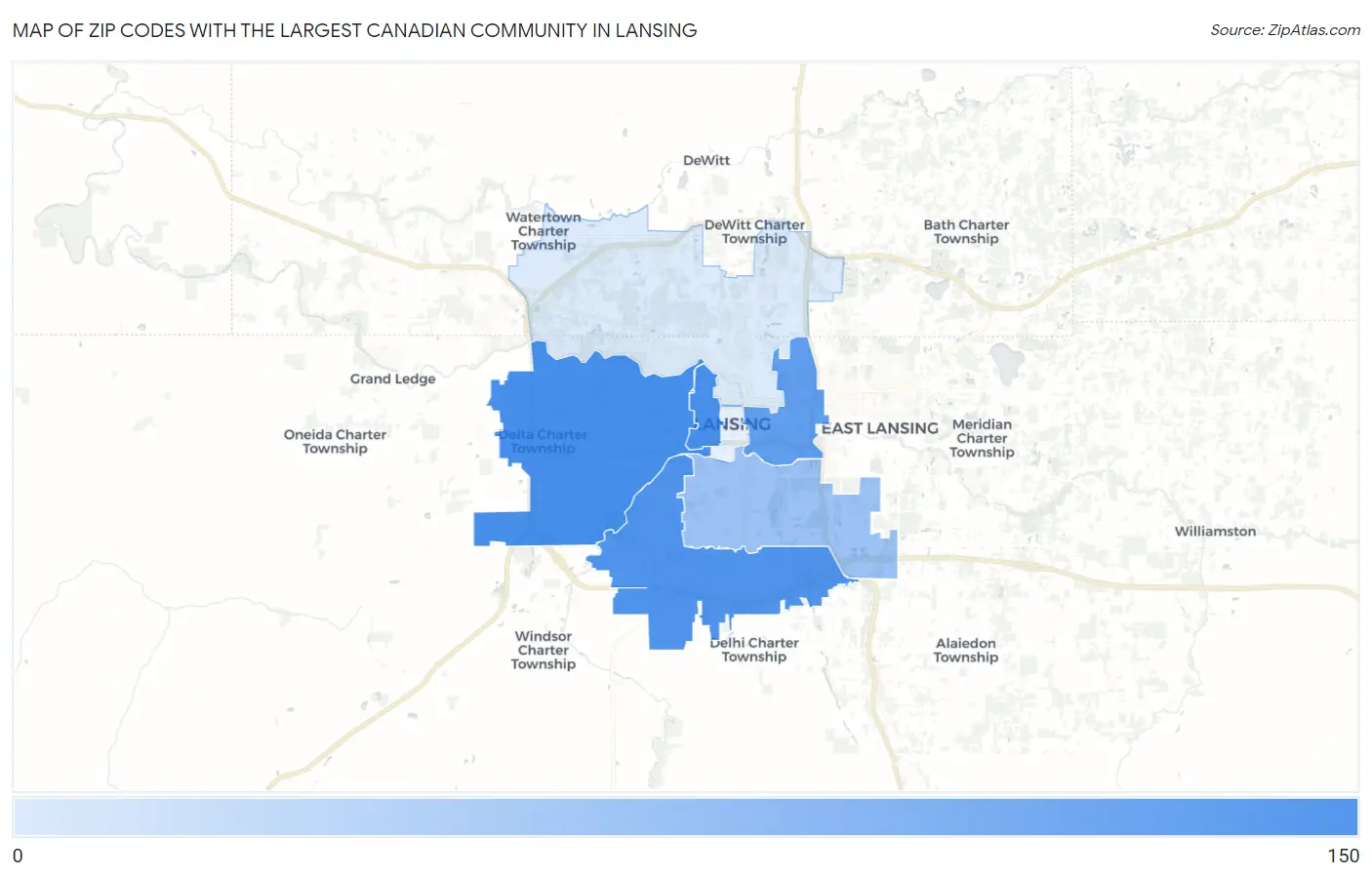 Zip Codes with the Largest Canadian Community in Lansing Map