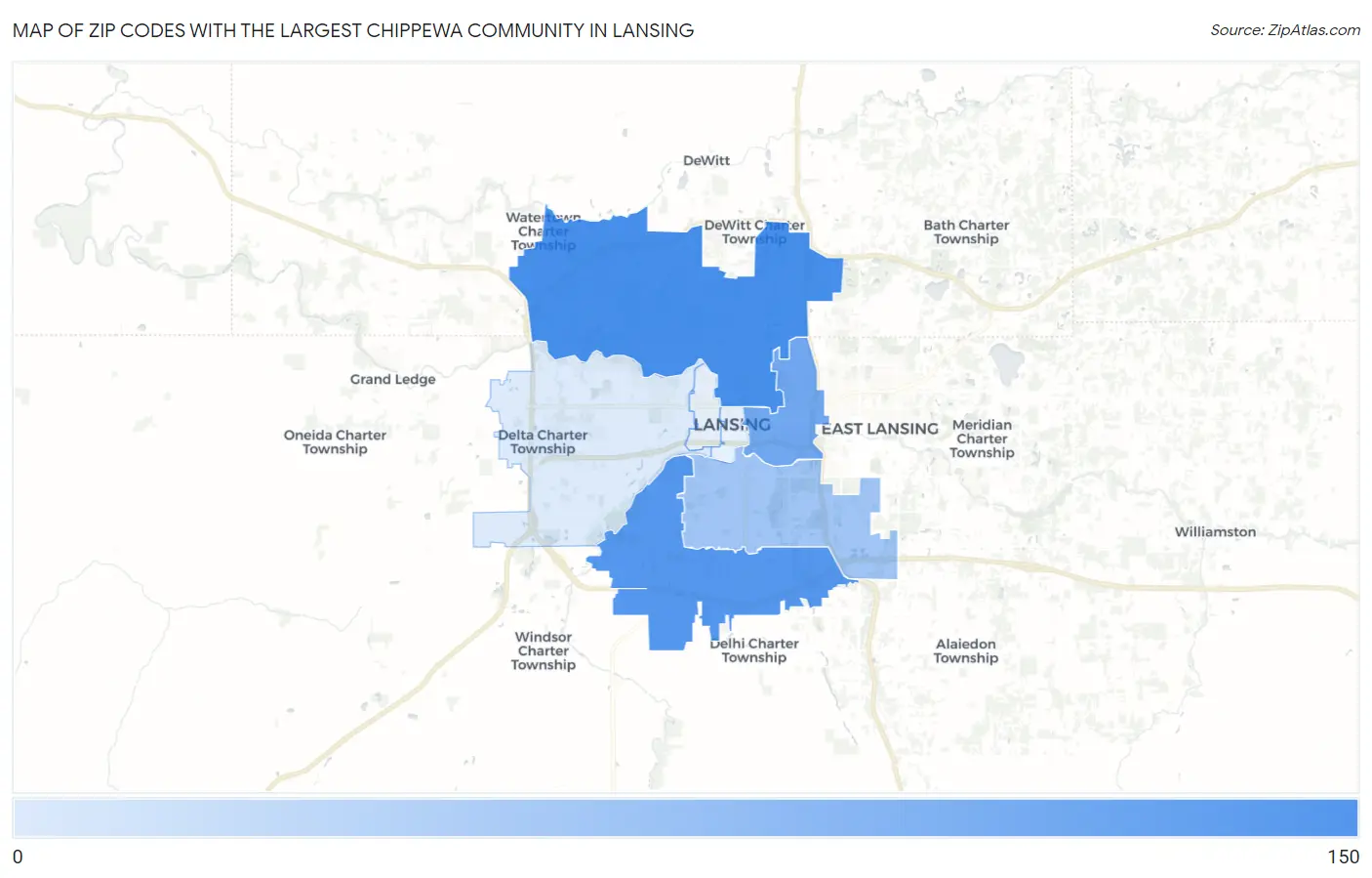 Zip Codes with the Largest Chippewa Community in Lansing Map
