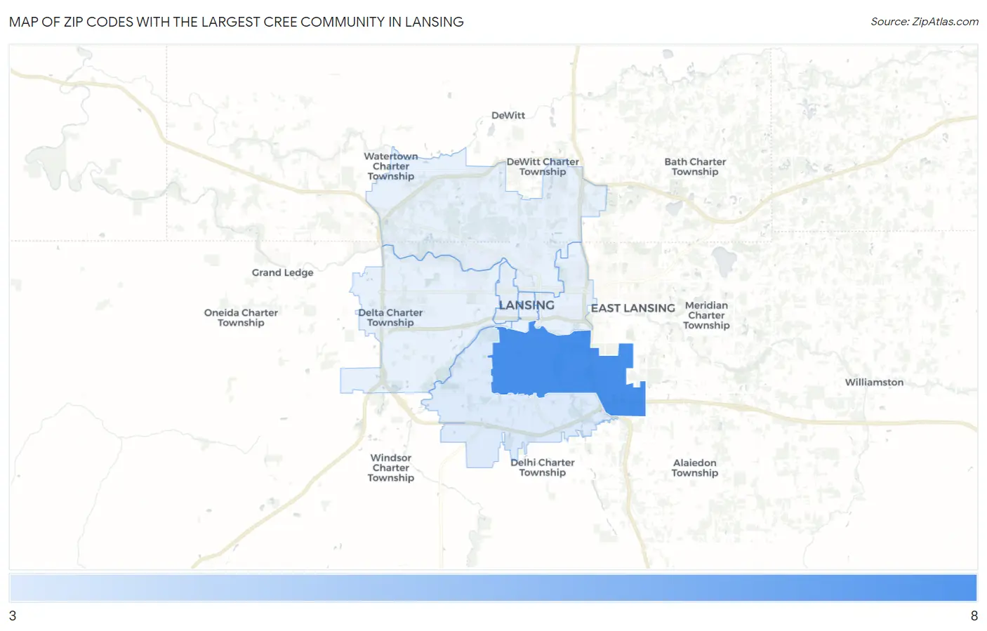 Zip Codes with the Largest Cree Community in Lansing Map