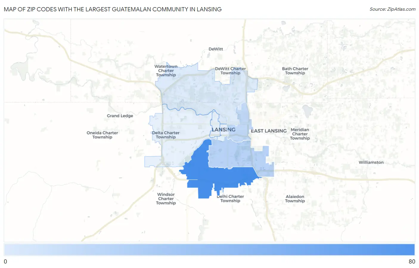 Zip Codes with the Largest Guatemalan Community in Lansing Map