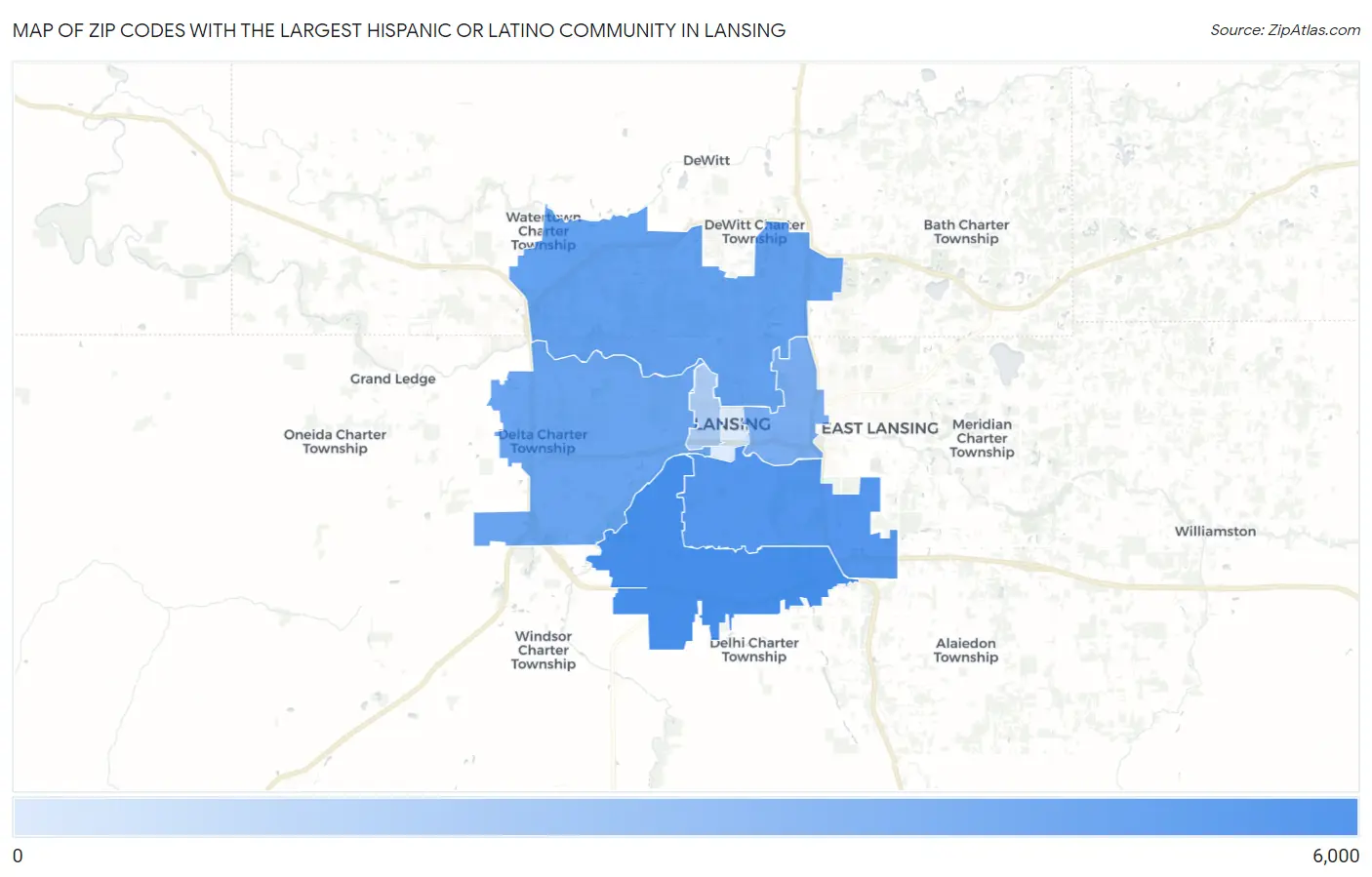Zip Codes with the Largest Hispanic or Latino Community in Lansing Map