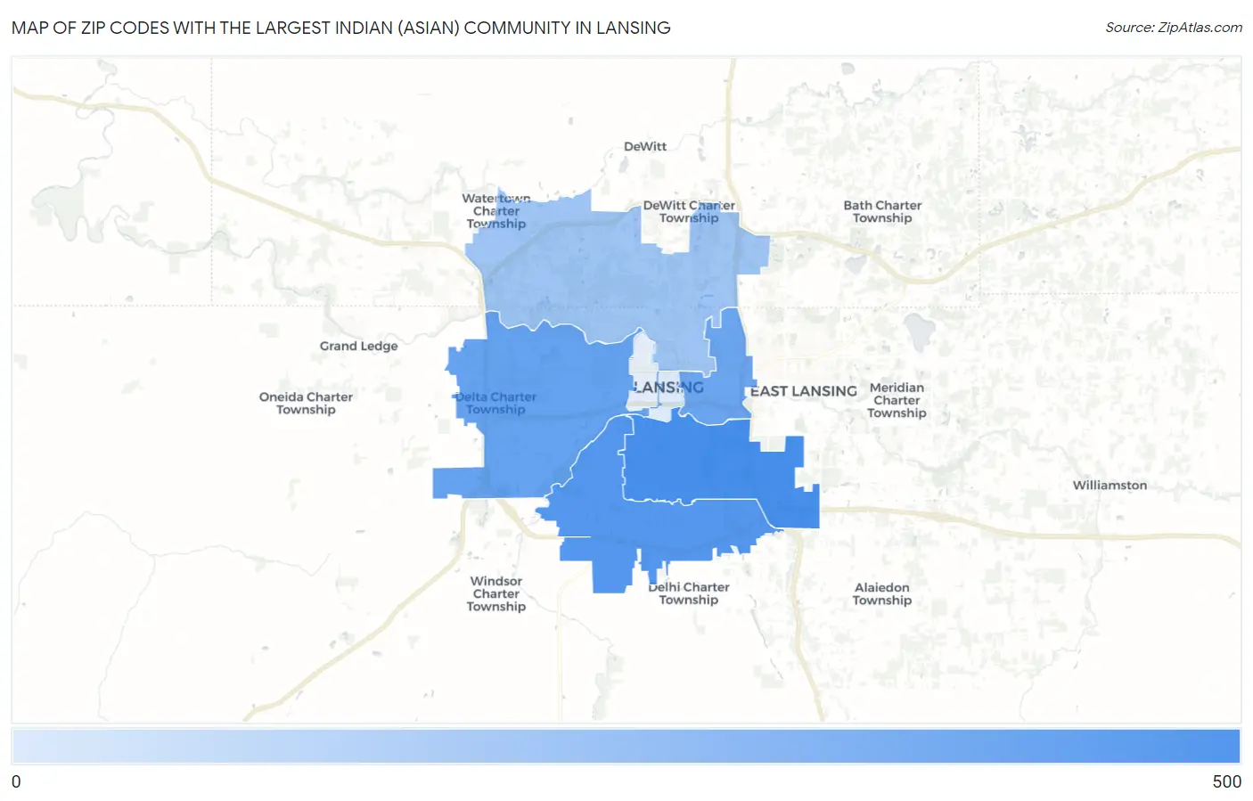 Zip Codes with the Largest Indian (Asian) Community in Lansing Map