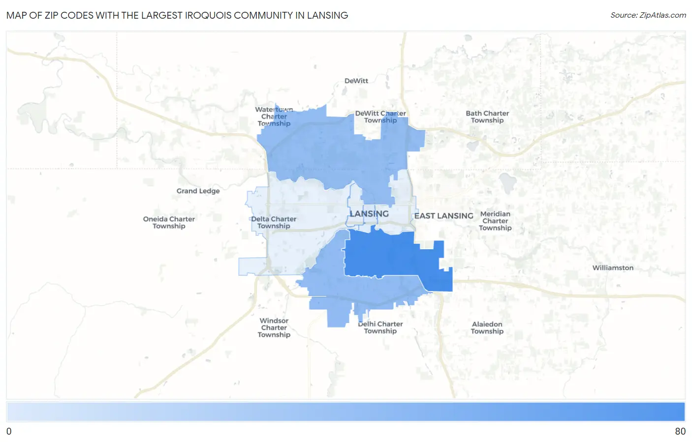 Zip Codes with the Largest Iroquois Community in Lansing Map