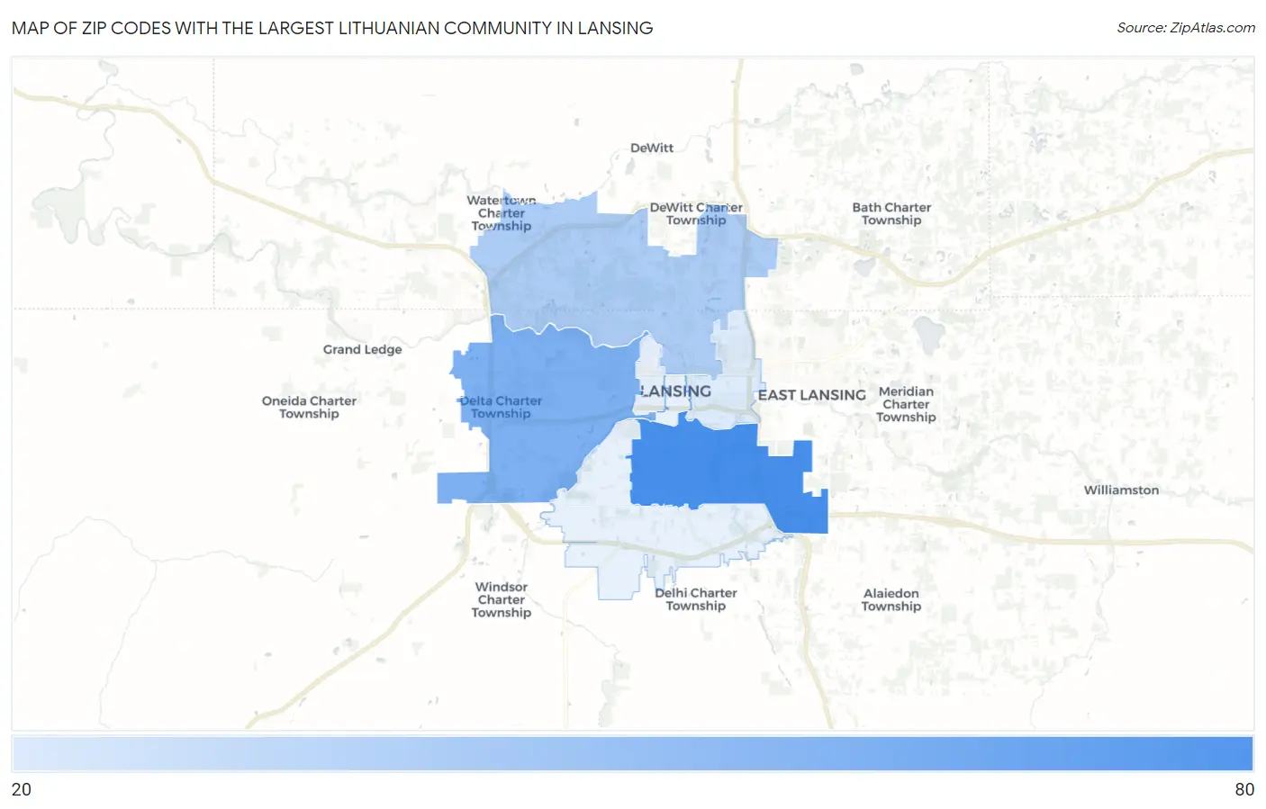 Zip Codes with the Largest Lithuanian Community in Lansing Map