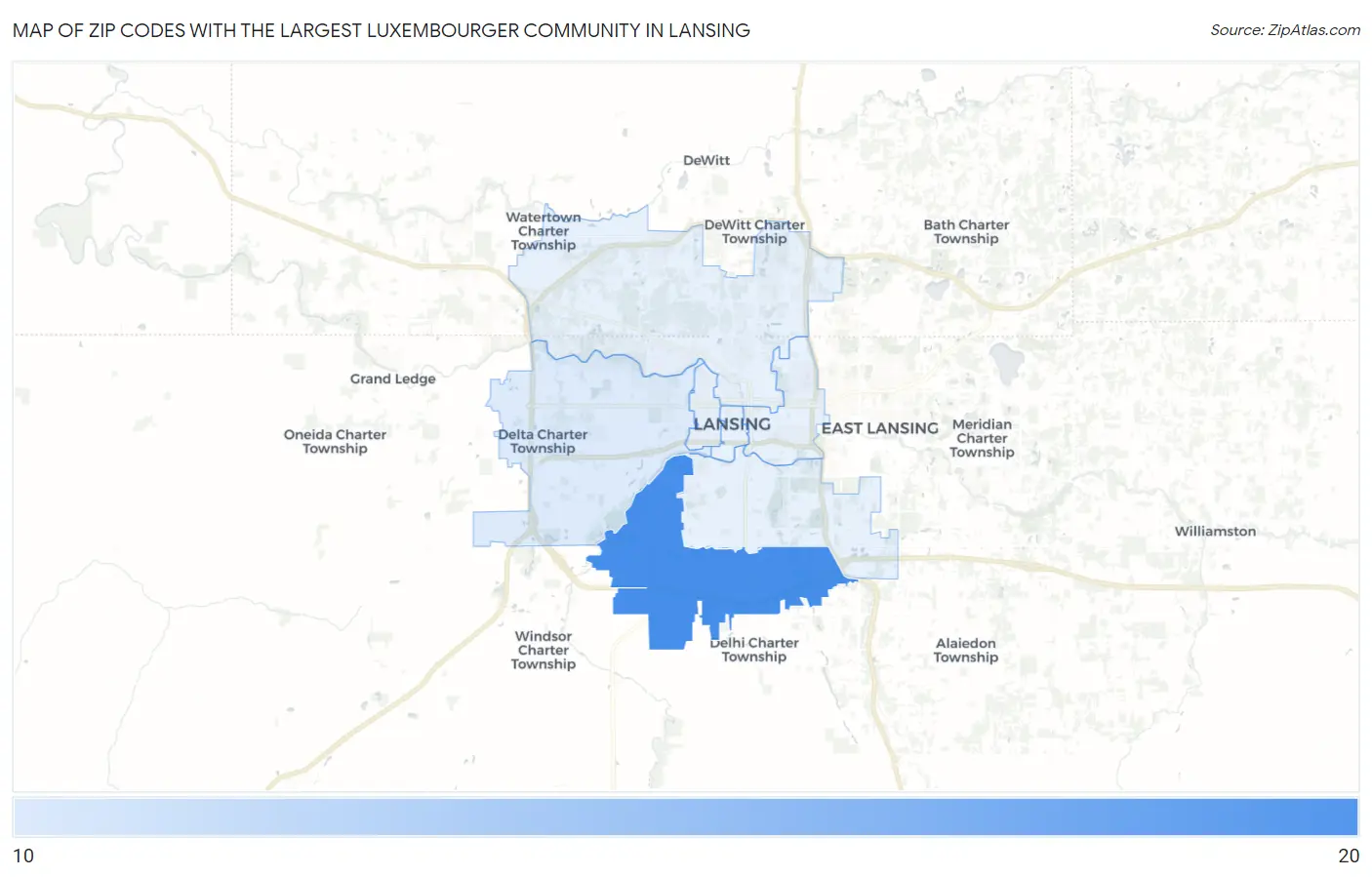 Zip Codes with the Largest Luxembourger Community in Lansing Map