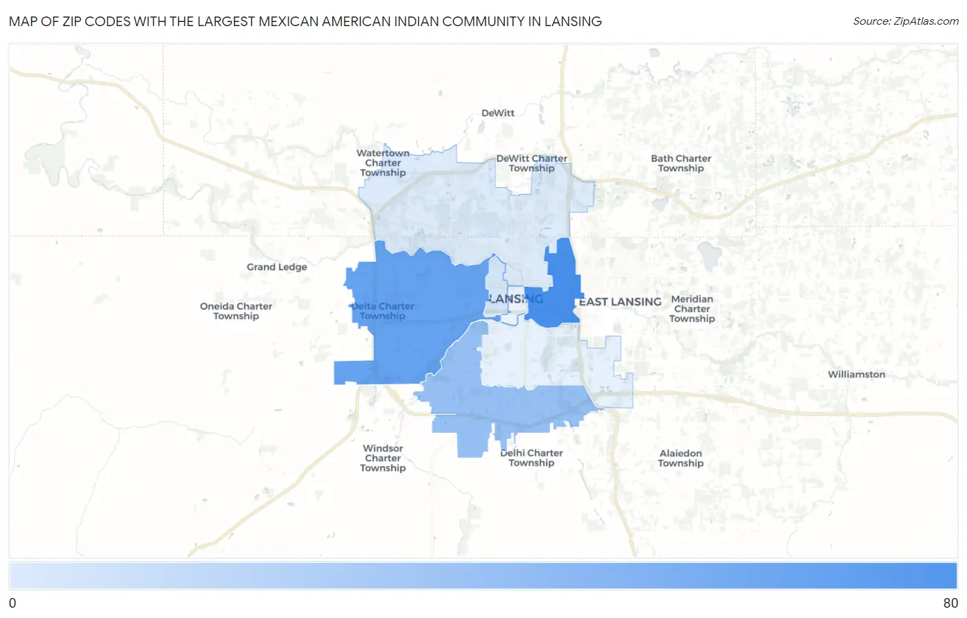 Zip Codes with the Largest Mexican American Indian Community in Lansing Map