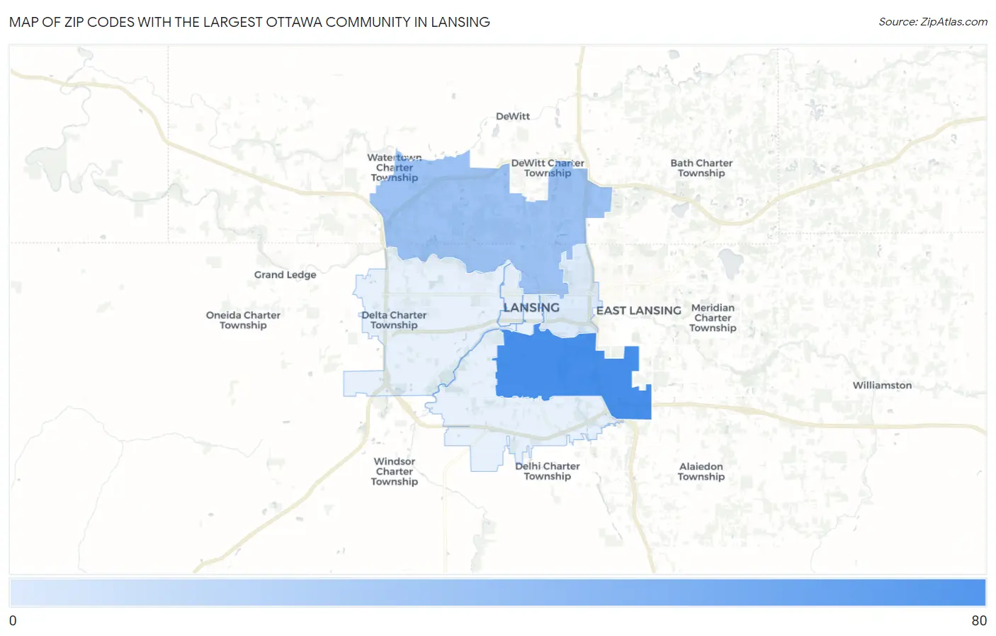 Zip Codes with the Largest Ottawa Community in Lansing Map