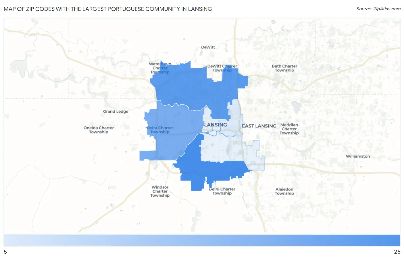 Zip Codes with the Largest Portuguese Community in Lansing Map