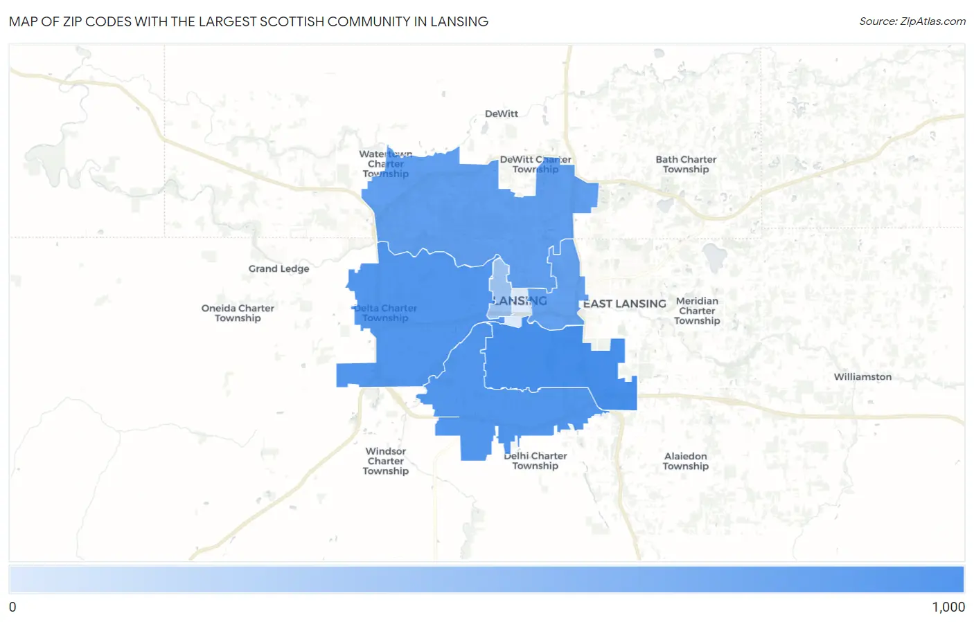 Zip Codes with the Largest Scottish Community in Lansing Map