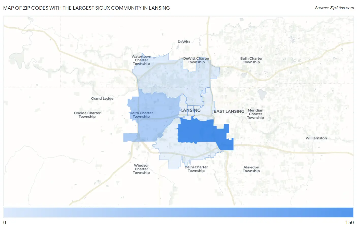 Zip Codes with the Largest Sioux Community in Lansing Map