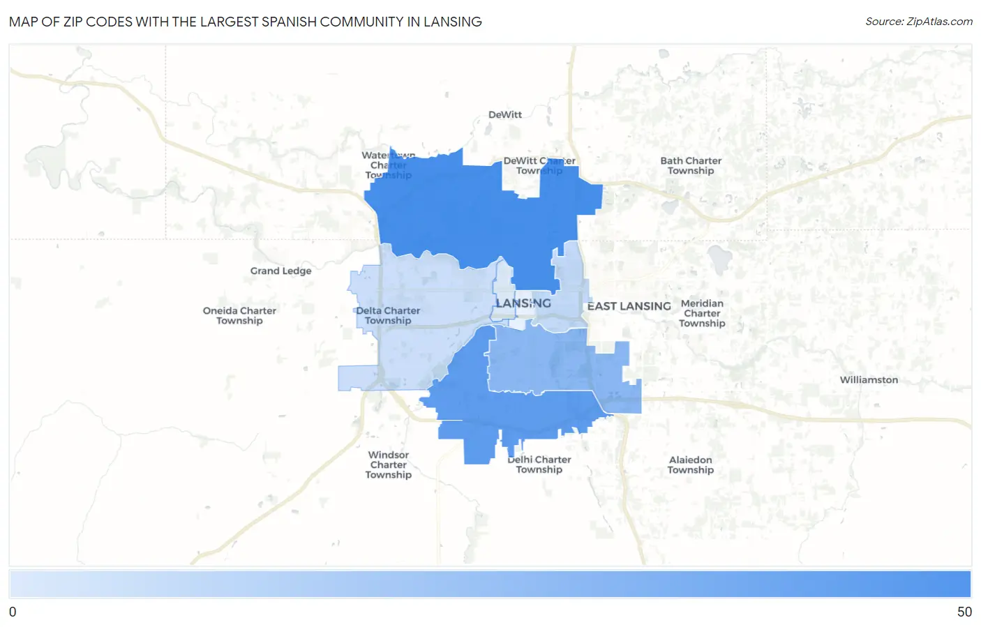 Zip Codes with the Largest Spanish Community in Lansing Map
