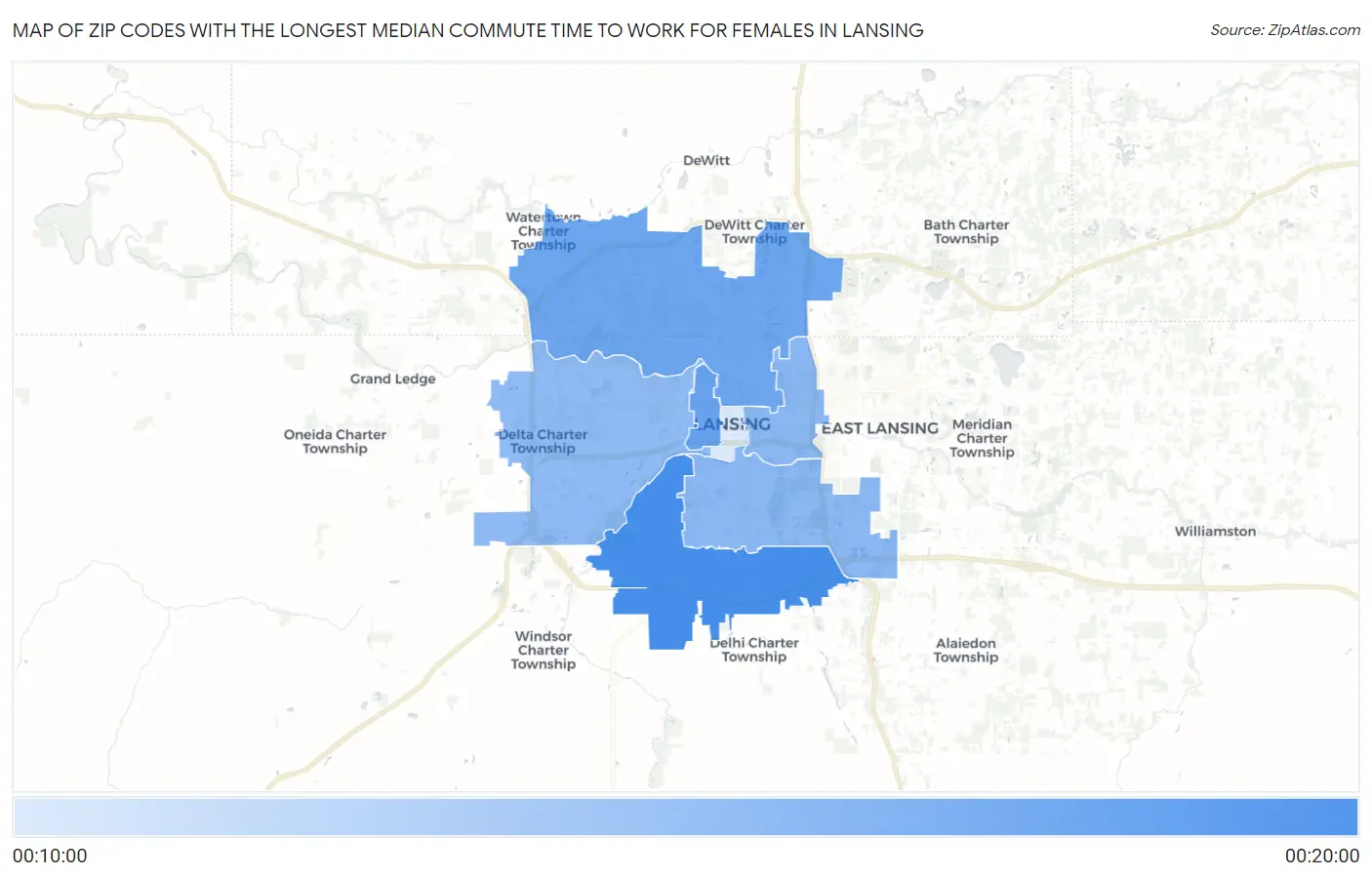 Zip Codes with the Longest Median Commute Time to Work for Females in Lansing Map