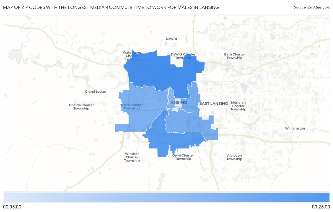 Zip Codes with the Longest Median Commute Time to Work for Males in Lansing Map