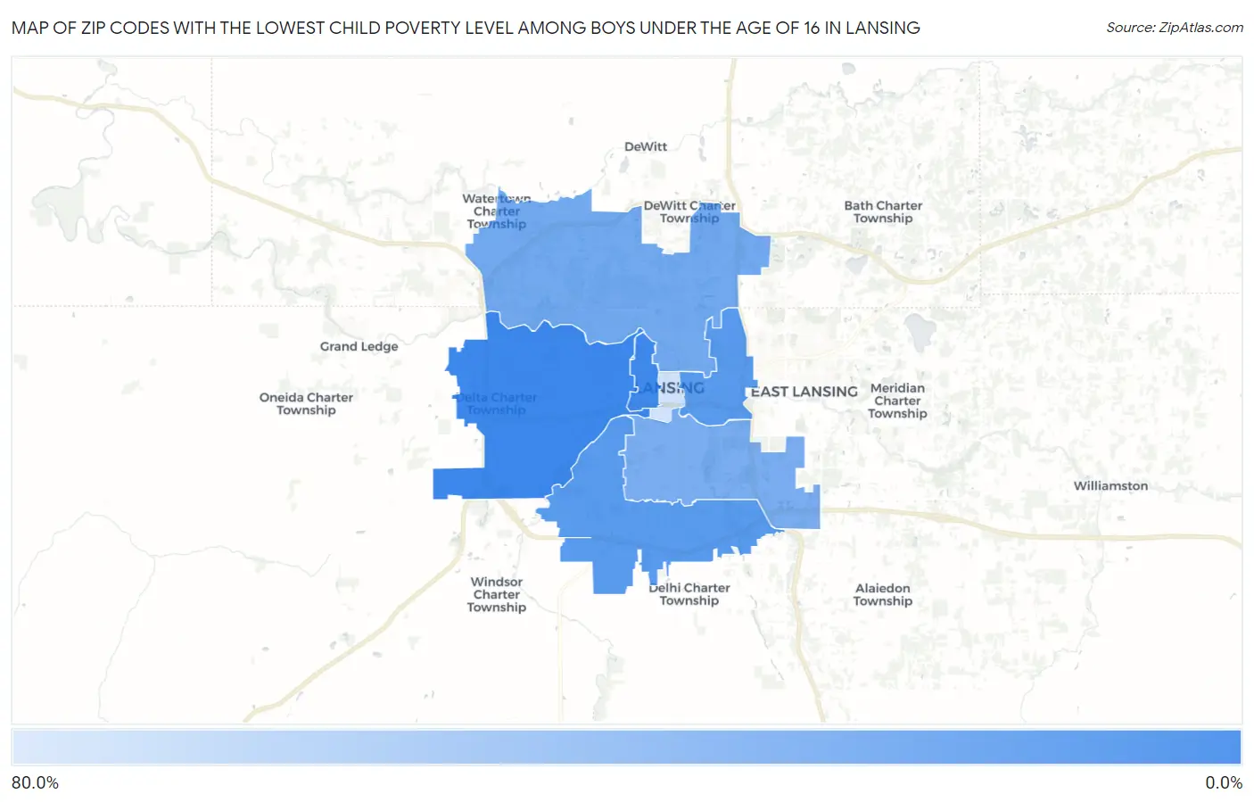 Zip Codes with the Lowest Child Poverty Level Among Boys Under the Age of 16 in Lansing Map