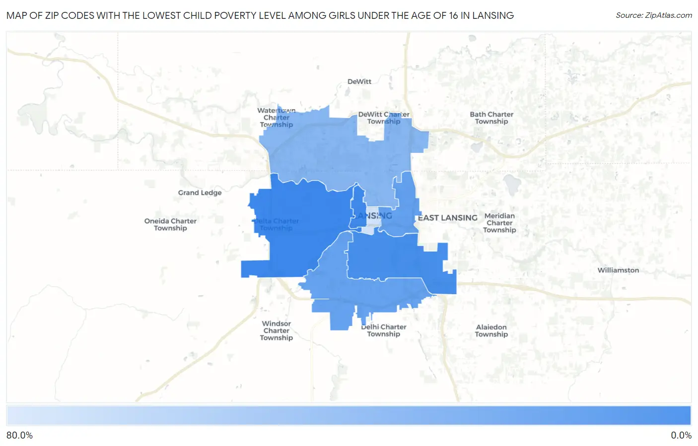 Zip Codes with the Lowest Child Poverty Level Among Girls Under the Age of 16 in Lansing Map