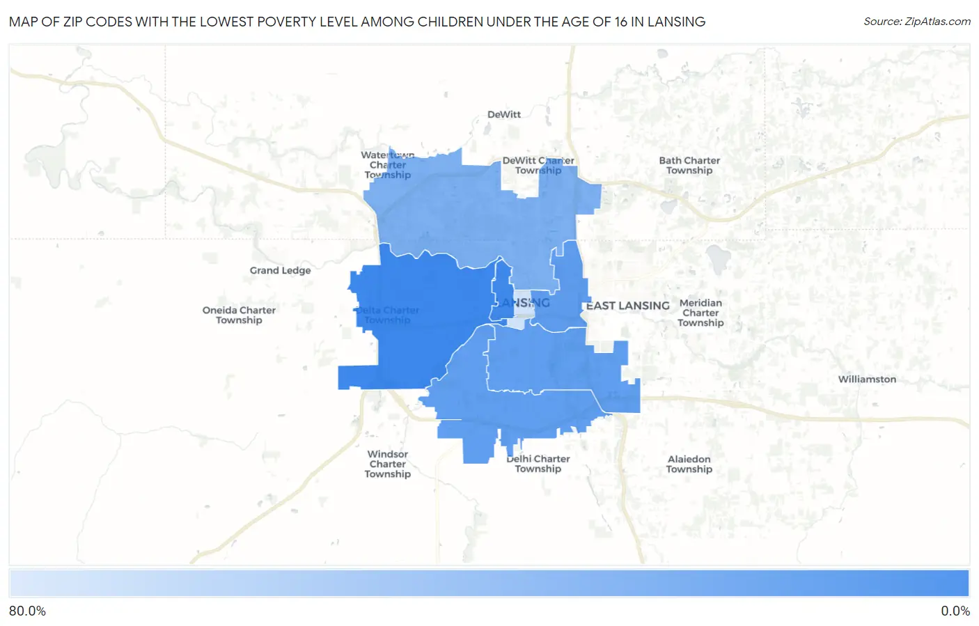 Zip Codes with the Lowest Poverty Level Among Children Under the Age of 16 in Lansing Map