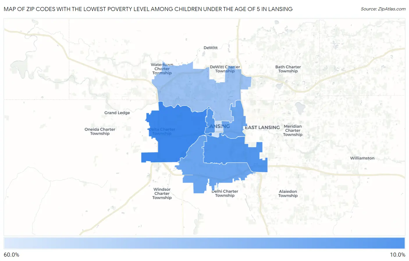 Zip Codes with the Lowest Poverty Level Among Children Under the Age of 5 in Lansing Map