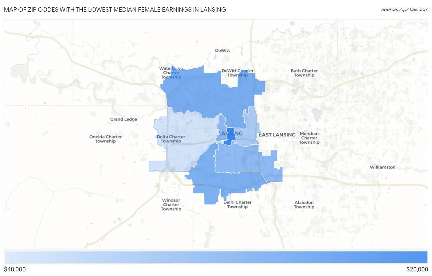 Zip Codes with the Lowest Median Female Earnings in Lansing Map