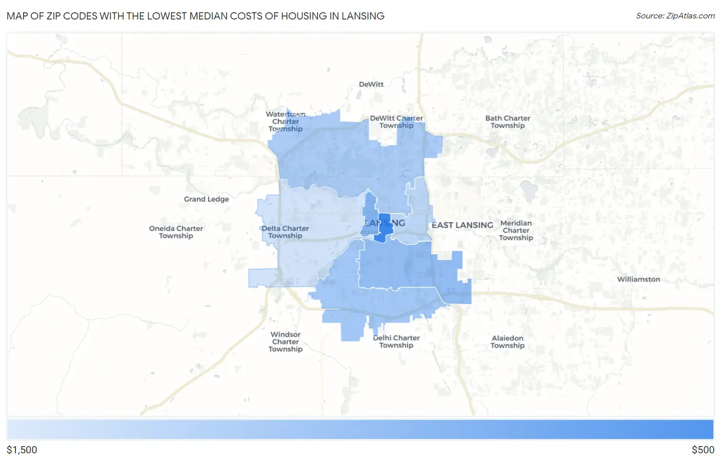 Zip Codes with the Lowest Median Costs of Housing in Lansing Map