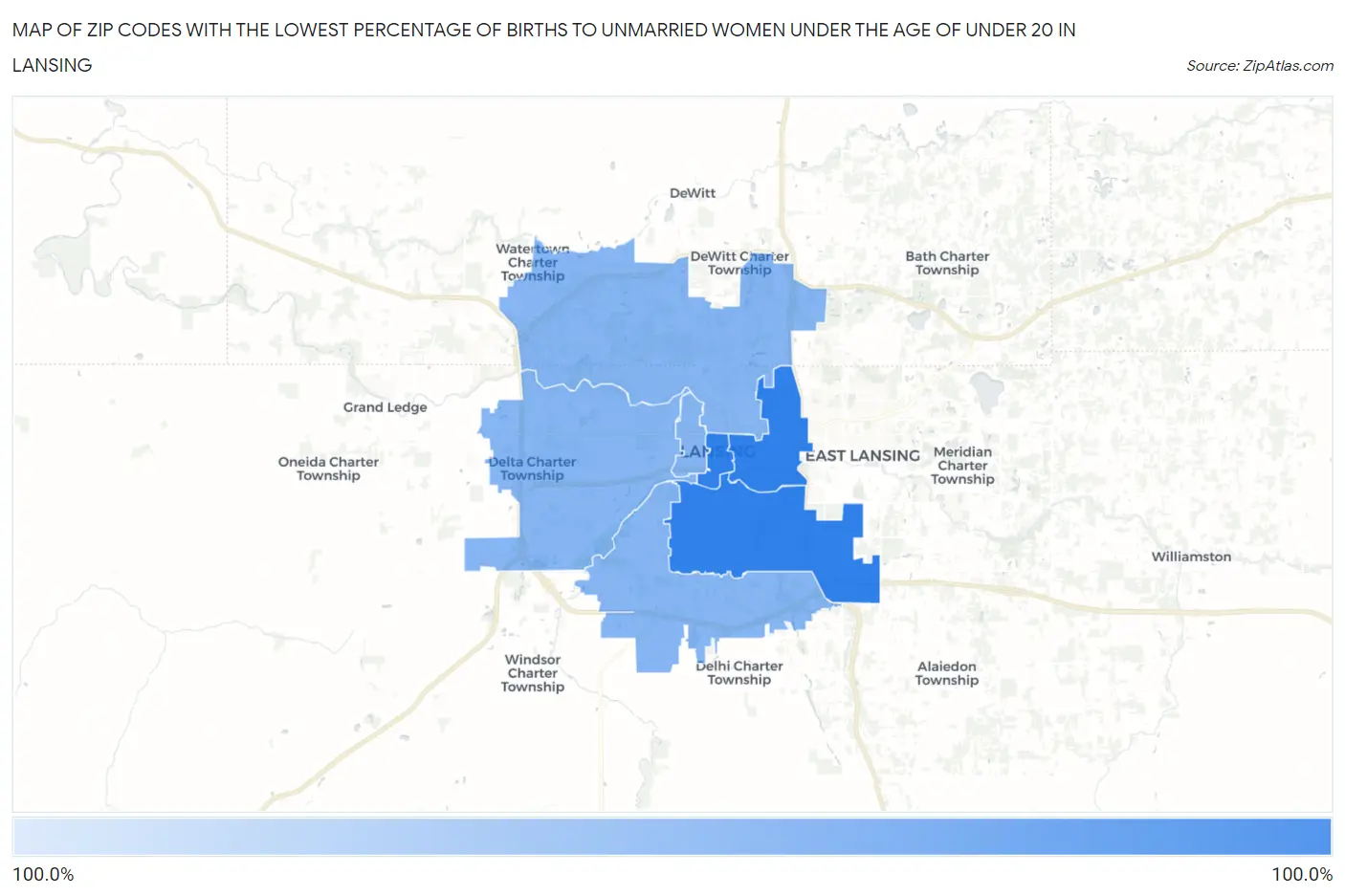 Zip Codes with the Lowest Percentage of Births to Unmarried Women under the Age of under 20 in Lansing Map