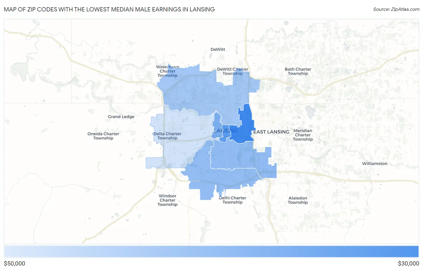 Zip Codes with the Lowest Median Male Earnings in Lansing Map