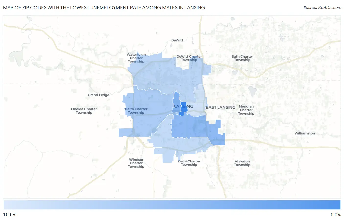 Zip Codes with the Lowest Unemployment Rate Among Males in Lansing Map