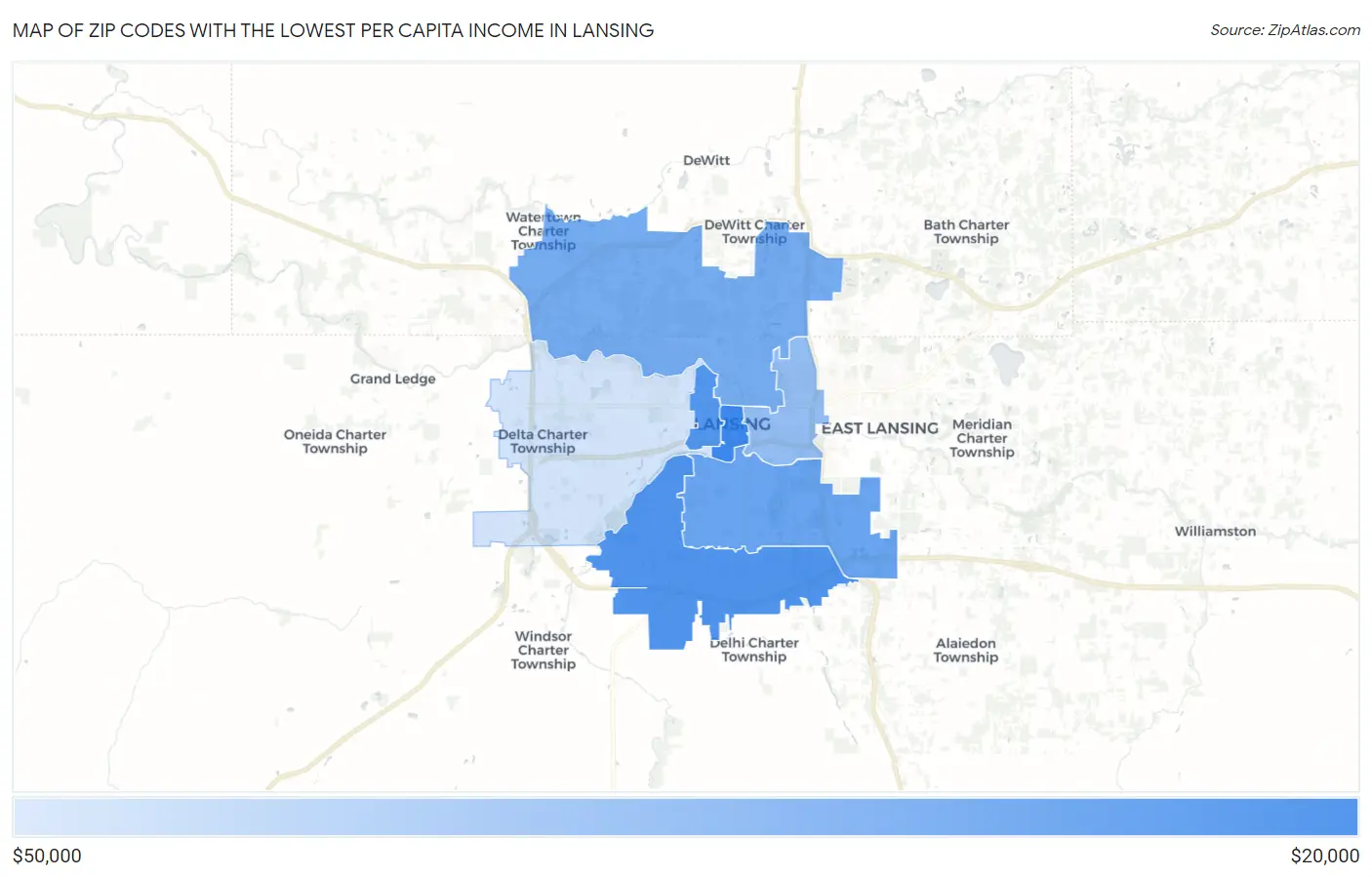 Zip Codes with the Lowest Per Capita Income in Lansing Map