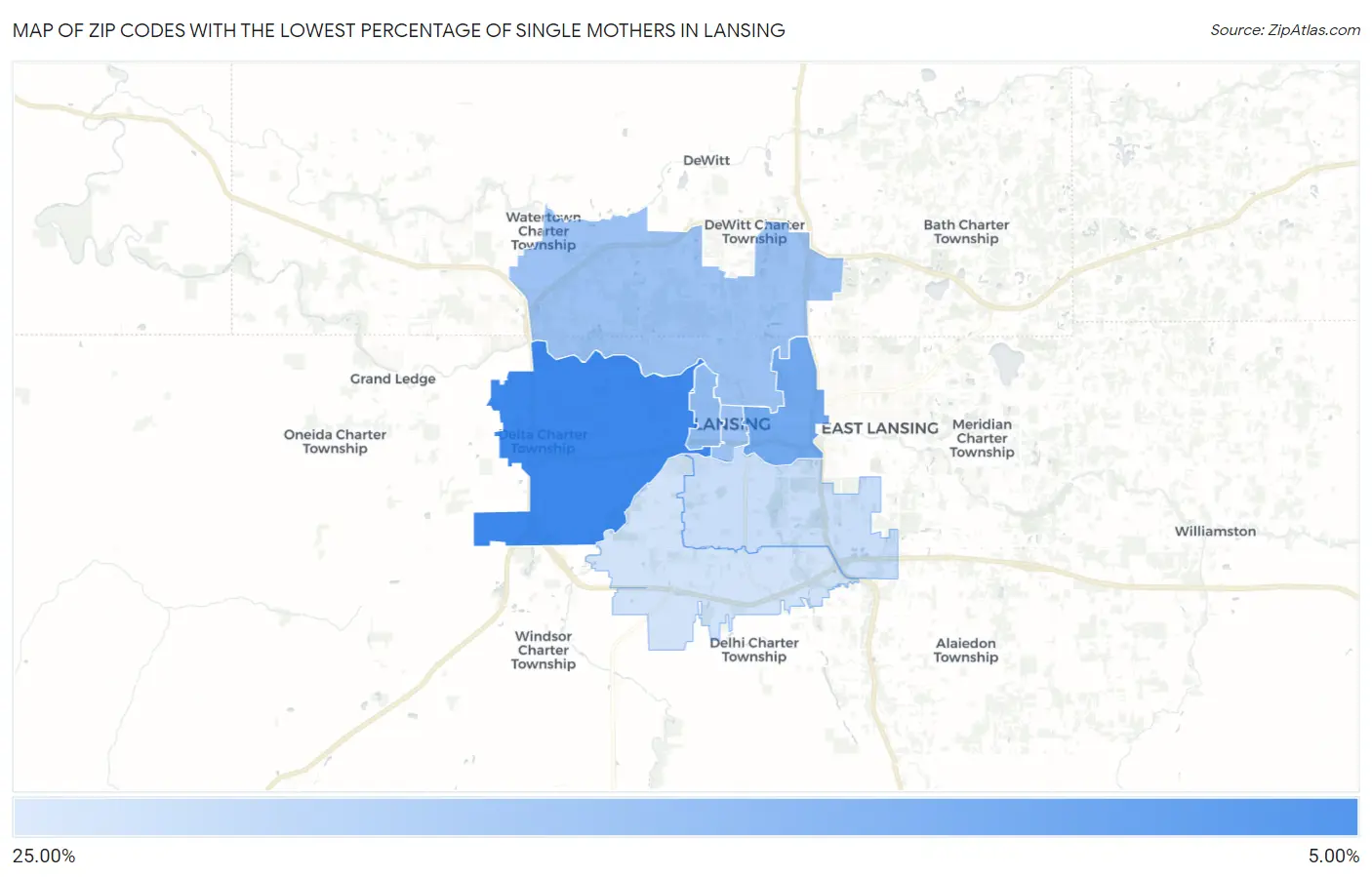 Zip Codes with the Lowest Percentage of Single Mothers in Lansing Map