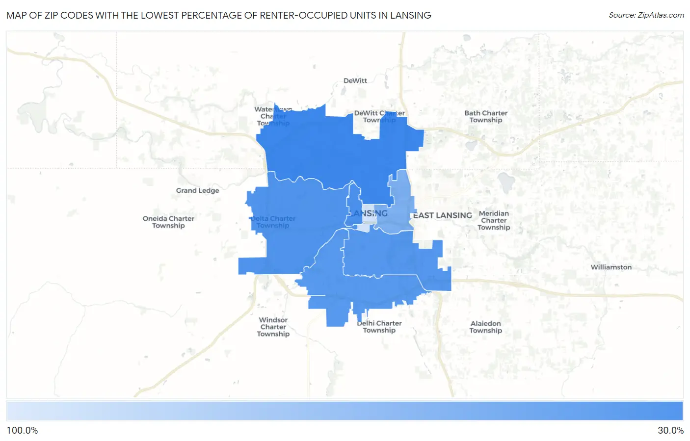 Zip Codes with the Lowest Percentage of Renter-Occupied Units in Lansing Map