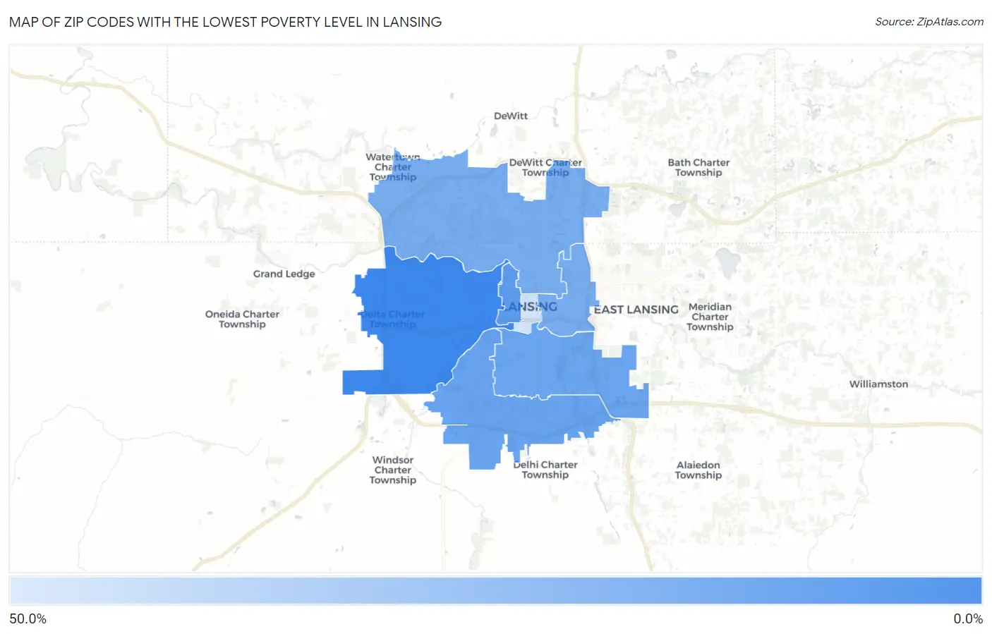 Zip Codes with the Lowest Poverty Level in Lansing Map