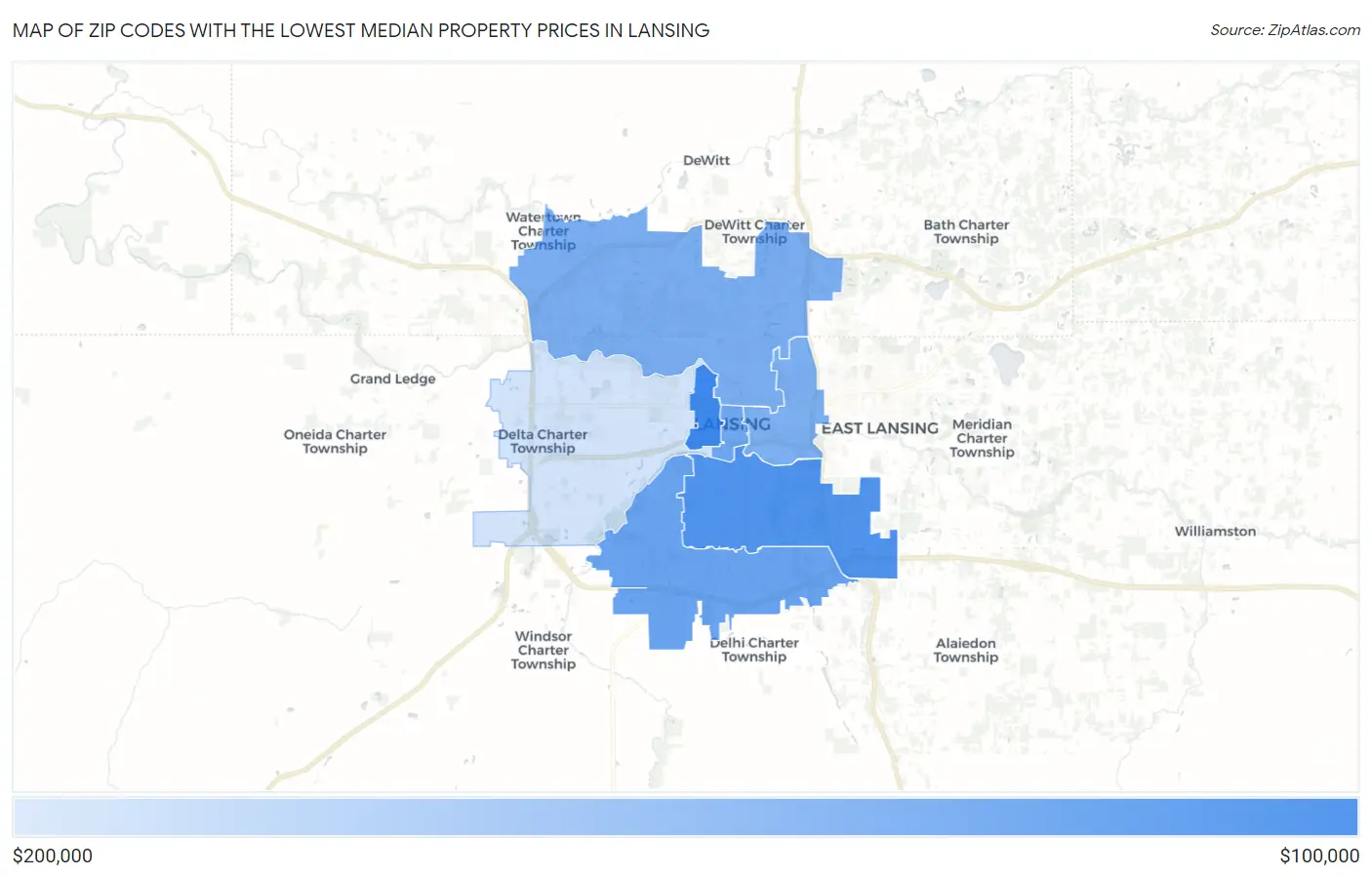 Zip Codes with the Lowest Median Property Prices in Lansing Map