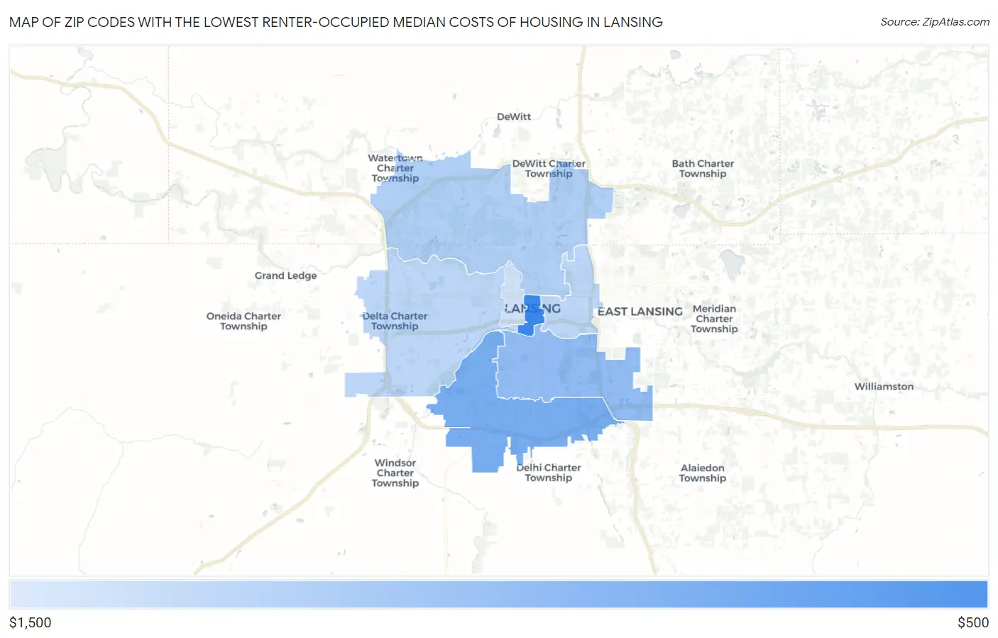 Zip Codes with the Lowest Renter-Occupied Median Costs of Housing in Lansing Map