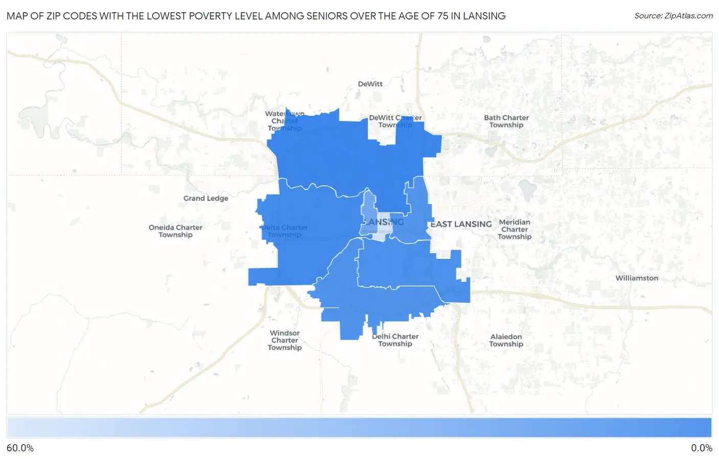 Zip Codes with the Lowest Poverty Level Among Seniors Over the Age of 75 in Lansing Map