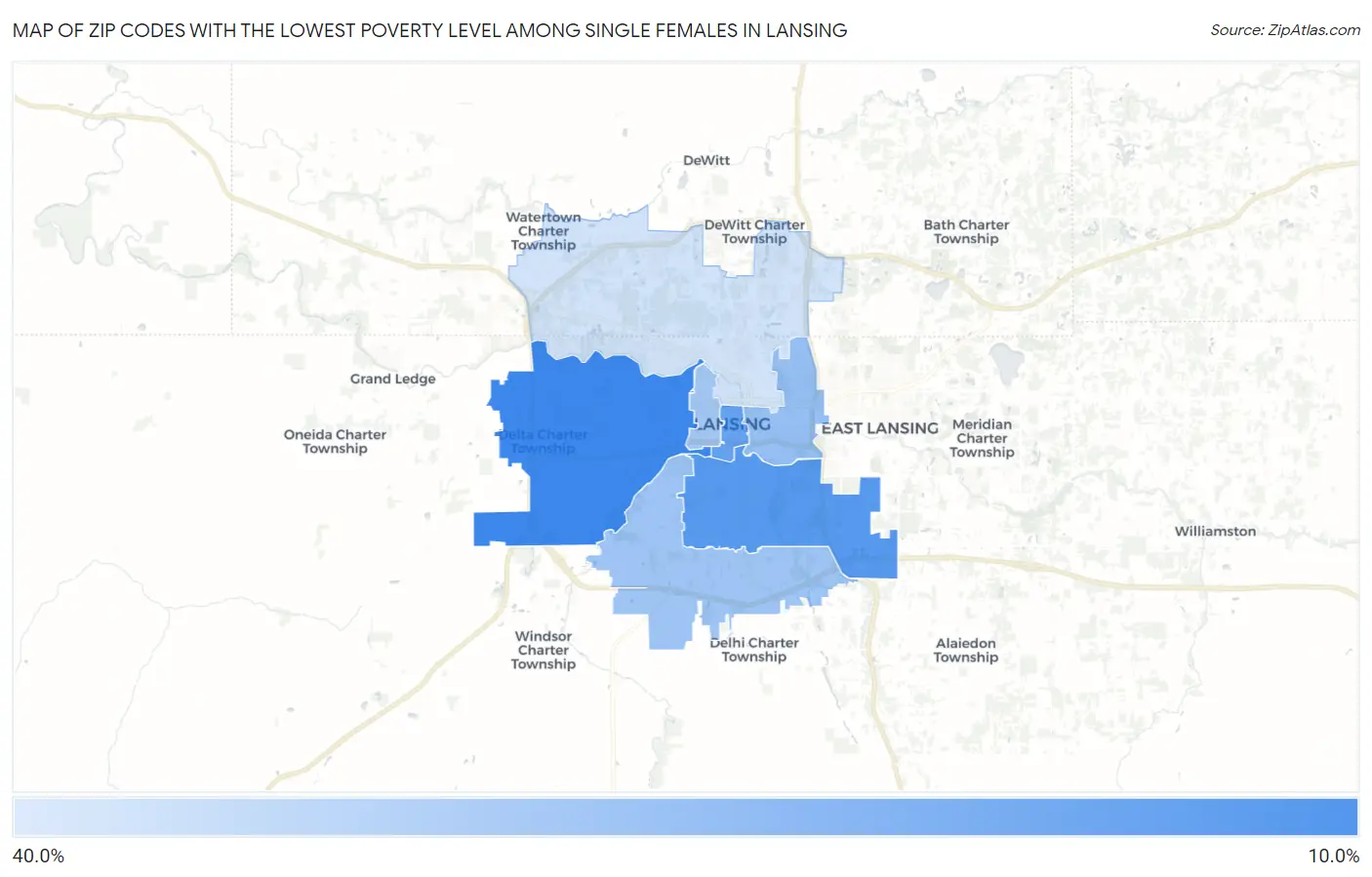Zip Codes with the Lowest Poverty Level Among Single Females in Lansing Map