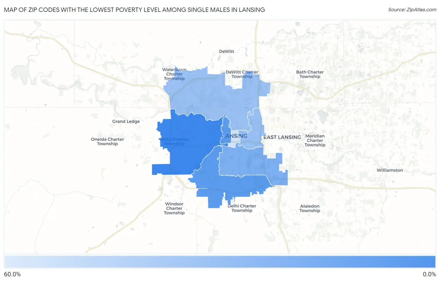 Zip Codes with the Lowest Poverty Level Among Single Males in Lansing Map