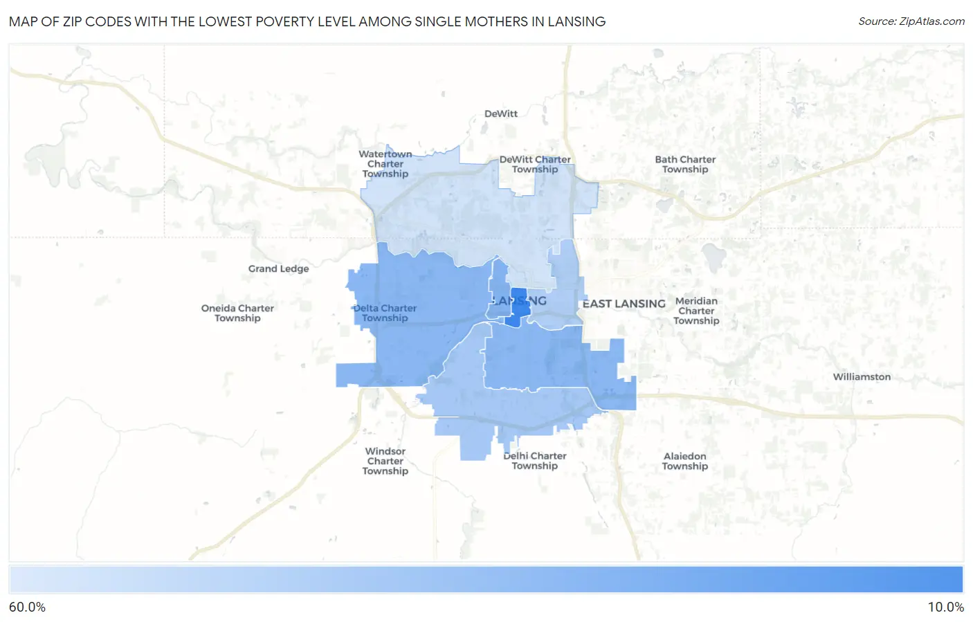 Zip Codes with the Lowest Poverty Level Among Single Mothers in Lansing Map