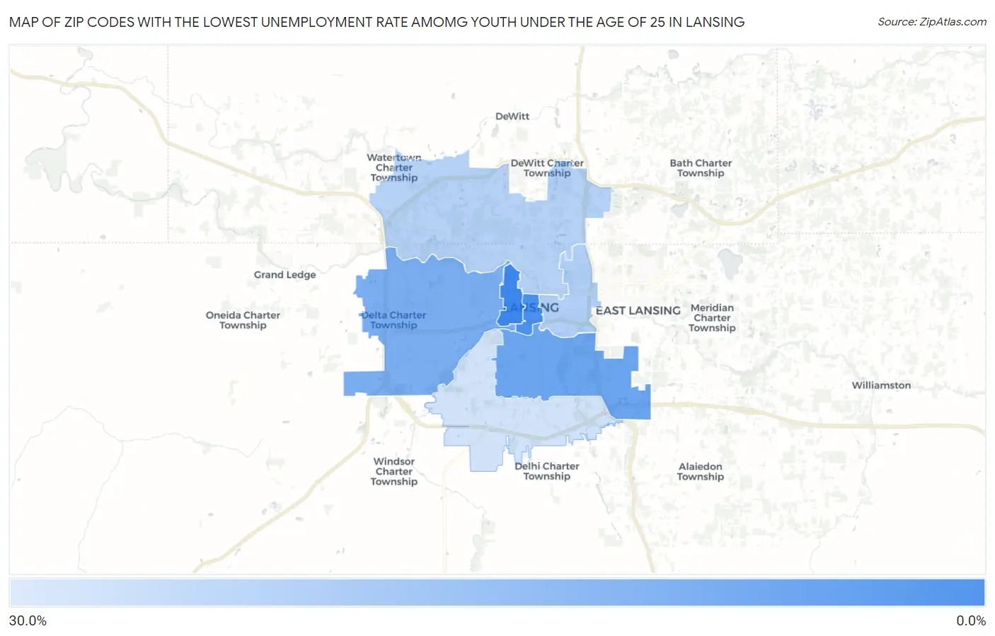 Zip Codes with the Lowest Unemployment Rate Amomg Youth Under the Age of 25 in Lansing Map