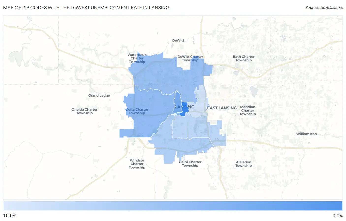 Zip Codes with the Lowest Unemployment Rate in Lansing Map