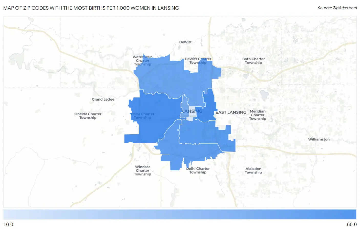 Zip Codes with the Most Births per 1,000 Women in Lansing Map