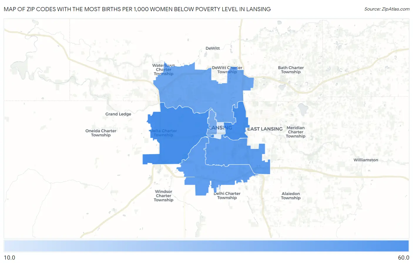 Zip Codes with the Most Births per 1,000 Women Below Poverty Level in Lansing Map