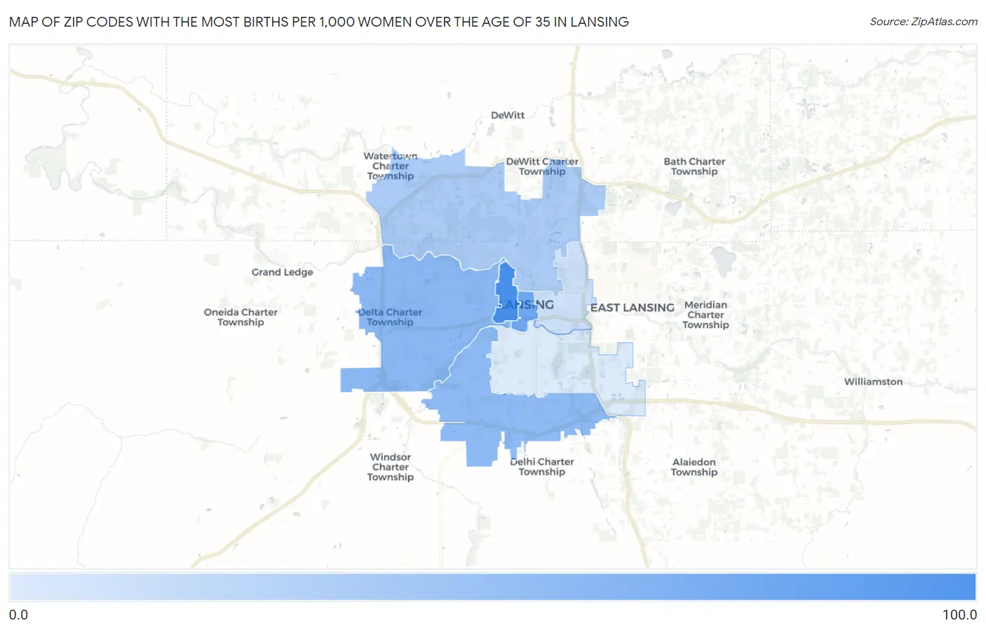 Zip Codes with the Most Births per 1,000 Women Over the Age of 35 in Lansing Map