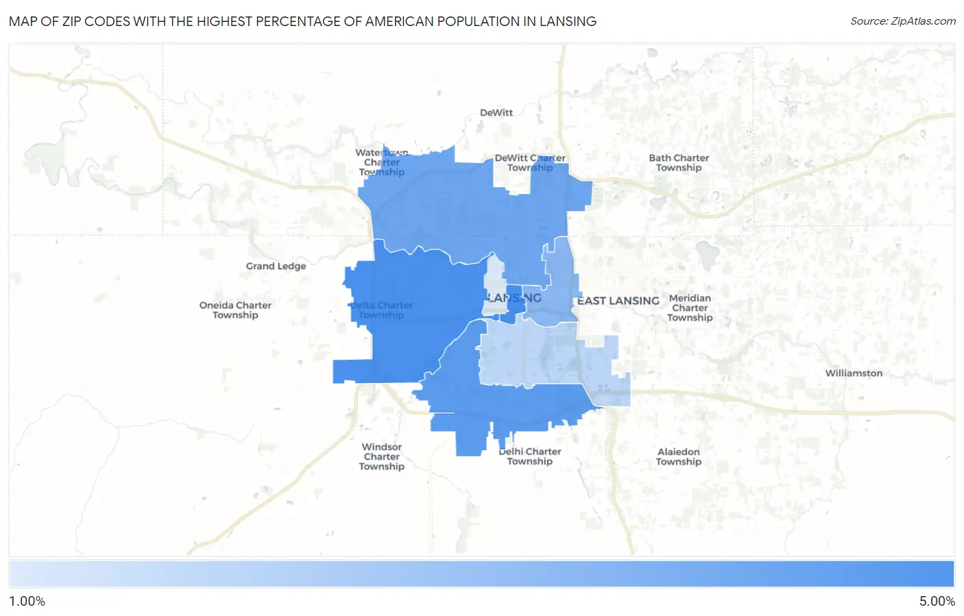 Zip Codes with the Highest Percentage of American Population in Lansing Map