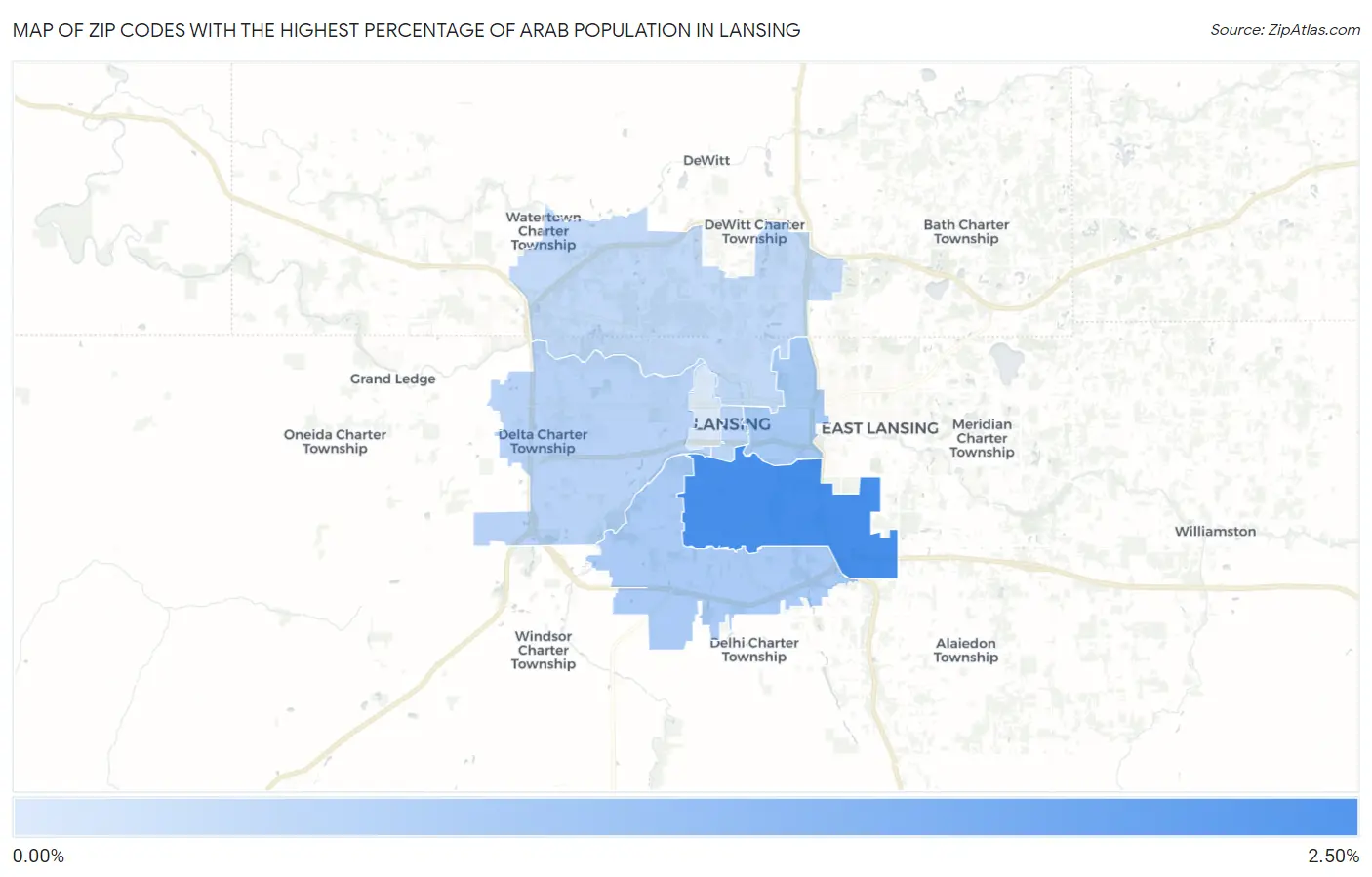 Zip Codes with the Highest Percentage of Arab Population in Lansing Map