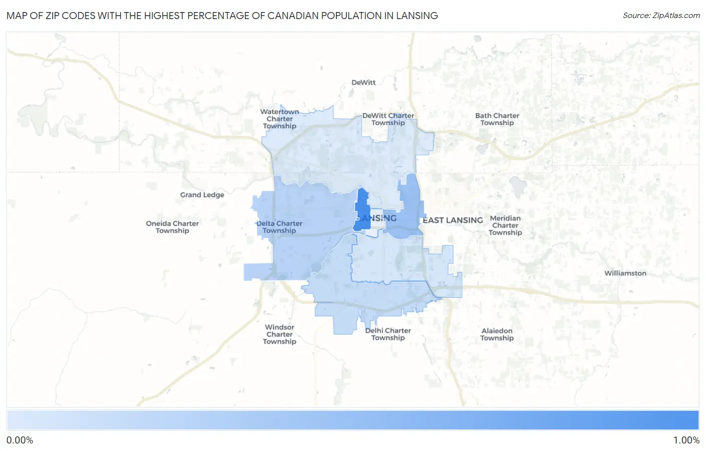 Zip Codes with the Highest Percentage of Canadian Population in Lansing Map