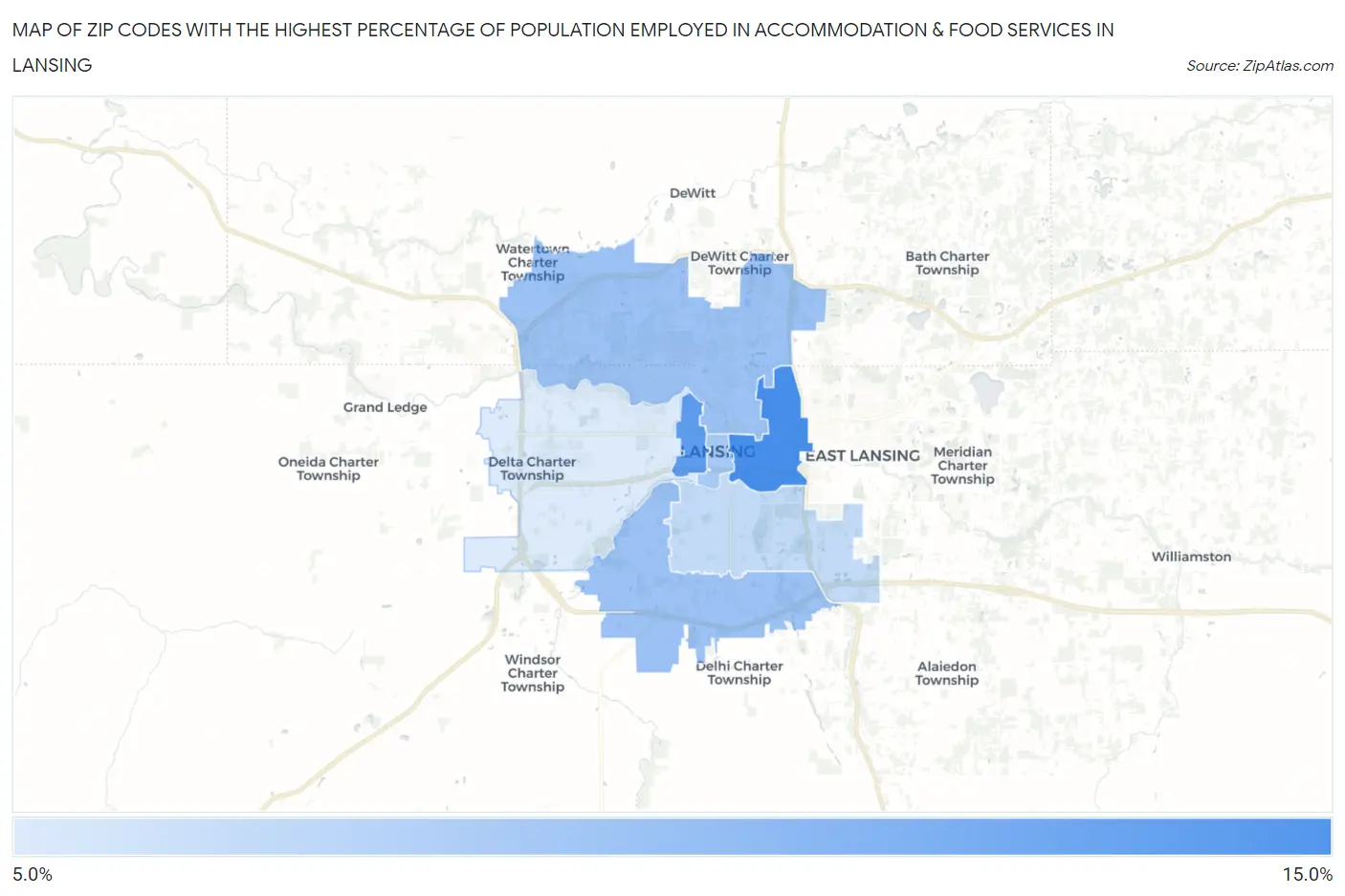 Zip Codes with the Highest Percentage of Population Employed in Accommodation & Food Services in Lansing Map
