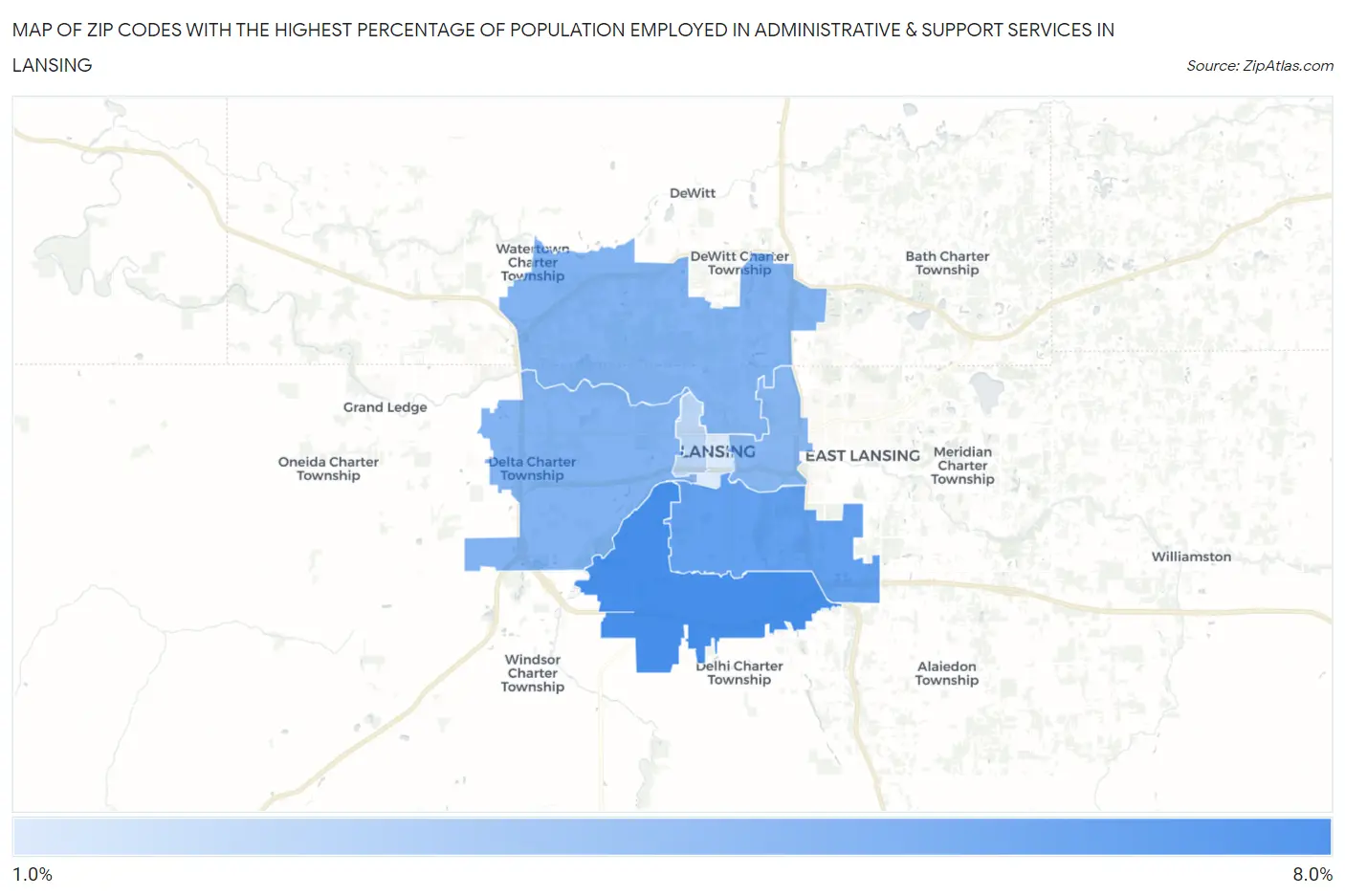 Zip Codes with the Highest Percentage of Population Employed in Administrative & Support Services in Lansing Map