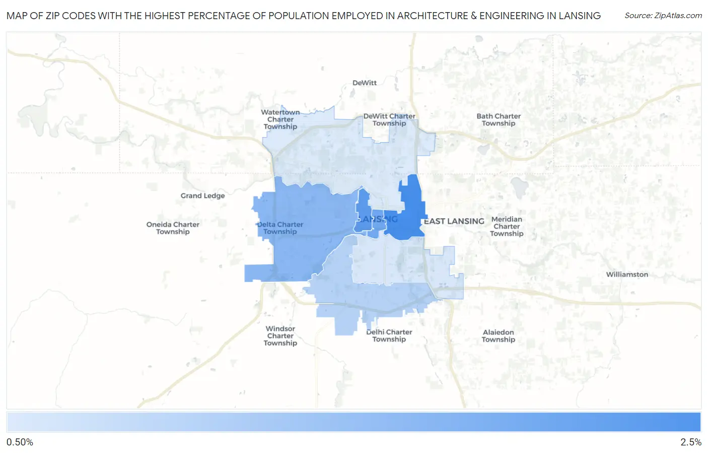 Zip Codes with the Highest Percentage of Population Employed in Architecture & Engineering in Lansing Map